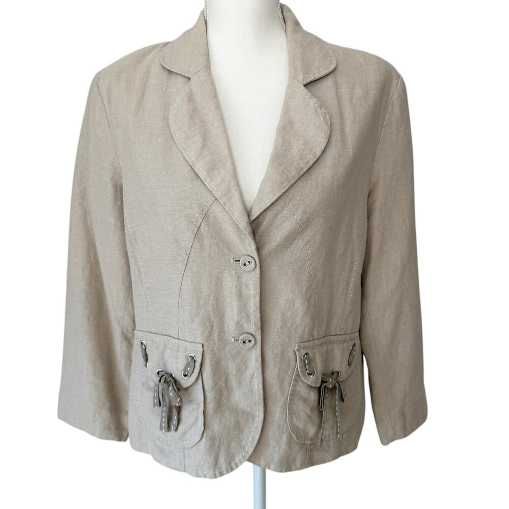 COLDWATER CREEK Linen Rayon Blazer Natural Beige Ribbon Trim Boho Jacket Size L